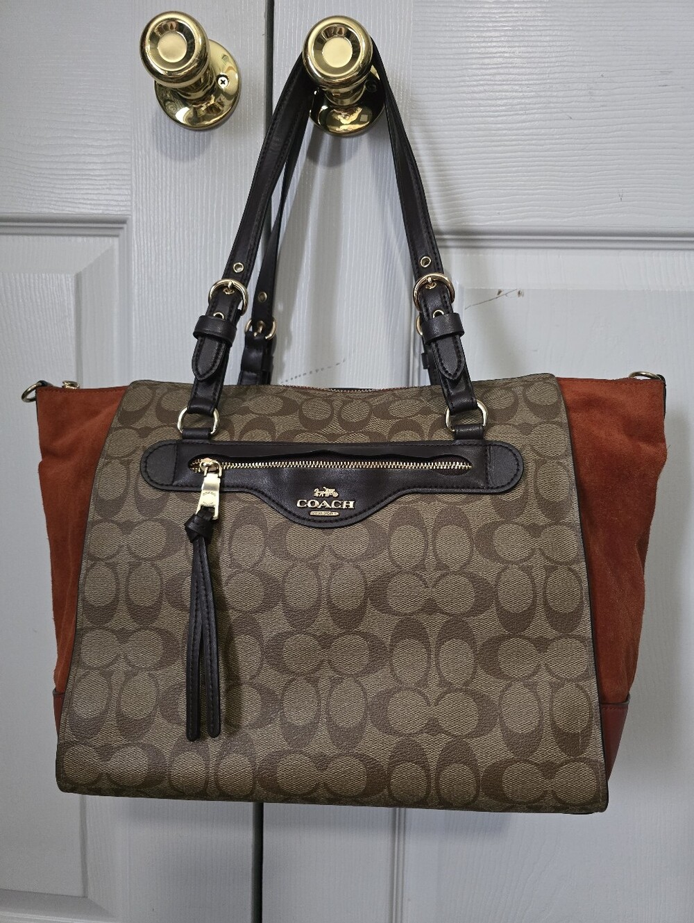 Coach Kleo Carryall Tote Sig C Canvas Suede Leather Khaki Terracotta